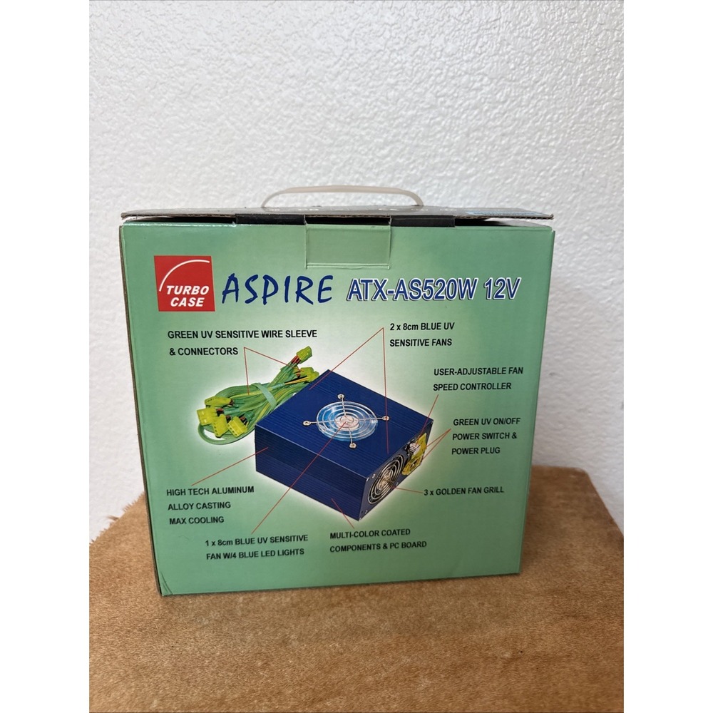 Turbo Case Aspire ATX-AS520W 12V 520W ATX Power Supply New in Box UV LED Fan PC